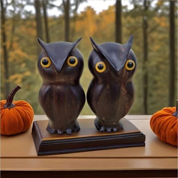 Vintage Hand Carved Wood Owls with big eyes Figurines - Picture 1 of 13